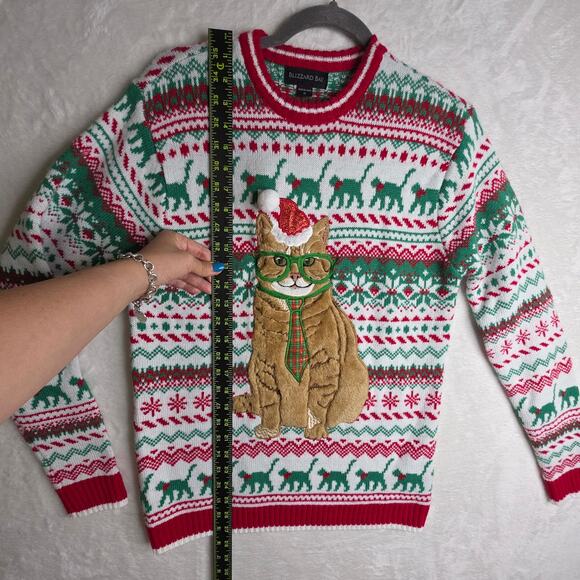Cat Ugly Sweater Sm Santa Holidays Red Green Cat with Tie OrangeTabby Fun Unique - Picture 5 of 11